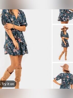 Mi Ami Francescas|Floral Hunter Green bohemian Wrap style Dress,Ruffle Hem•NWT